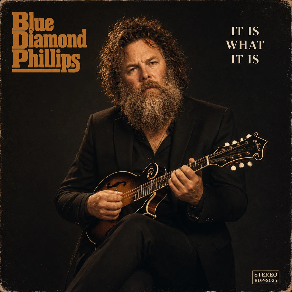 Album cover — Blue Diamond Phillips, It Is What It Is. Blue in a cowboy hat and denim jacket lounging in the driver's seat of a vintage car with a mandolin visible. Blue border frame with white serif typography.