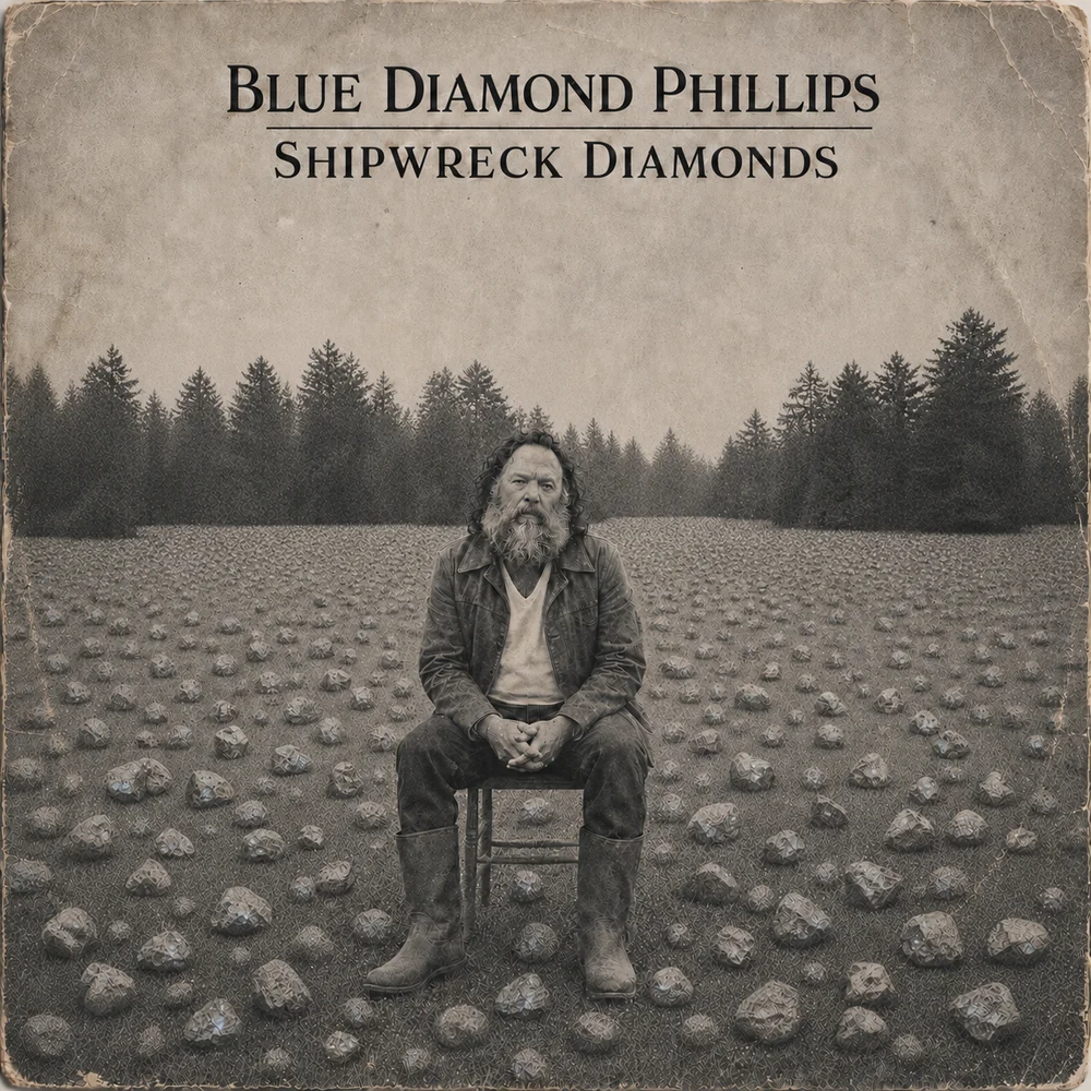 Album cover — Blue Diamond Phillips, Shipwreck Diamonds. Sepia-washed black and white photo of Blue sitting on a folding chair in the middle of a field of scattered stones, evergreen forest behind him. White serif typography at top.