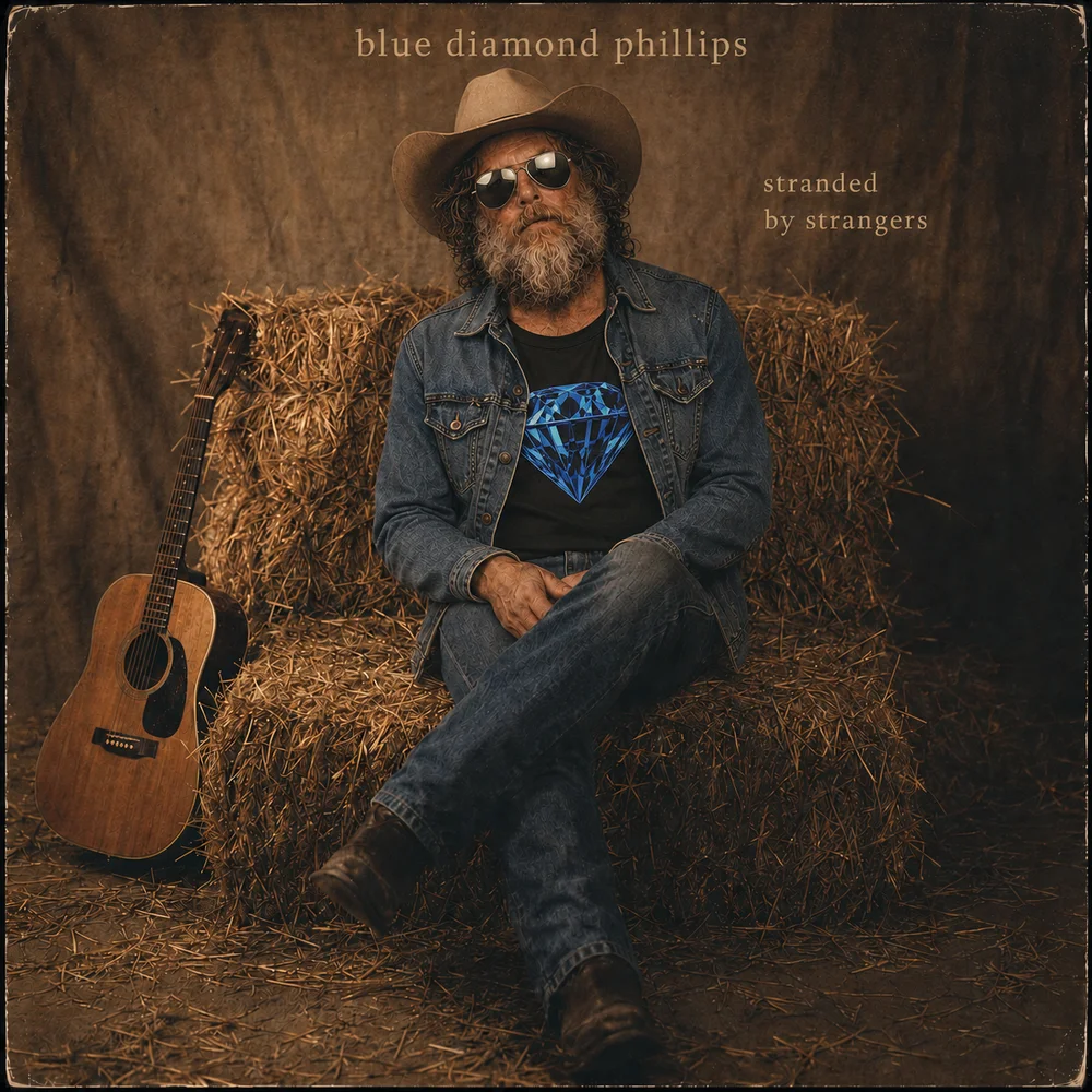 Album cover — Blue Diamond Phillips, Stranded by Strangers. Blue in a cowboy hat, denim jacket, and dark sunglasses sitting on hay bales next to an acoustic guitar. Warm sepia tones, alt-country portrait.