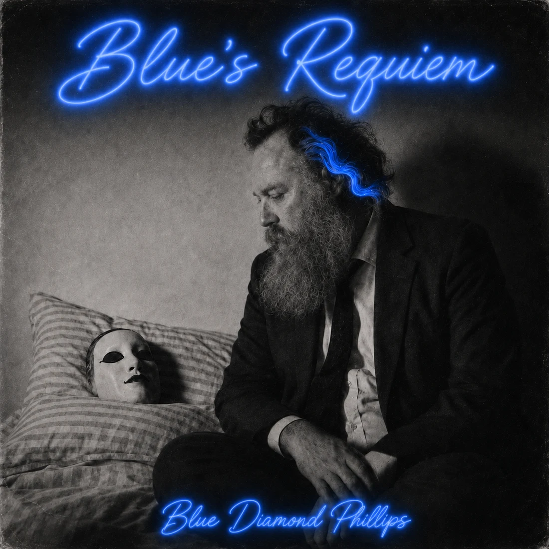 Blue Diamond Phillips on the edge of a bed beside a white-masked figure on a pillow. Black and white photograph with electric blue neon script reading Blue's Requiem above and Blue Diamond Phillips below.