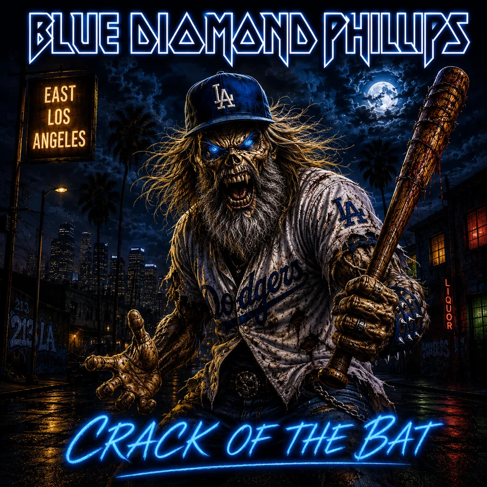 Album cover — Blue Diamond Phillips, Crack of the Bat. Heavy-metal Iron Maiden-style illustration of a demonic Blue Diamond Phillips with wild hair, yellow eyes, and a baseball bat, standing in a moonlit alley with LA SLEEPS WITH KNIVES graffiti and a LIQUOR neon sign behind him.
