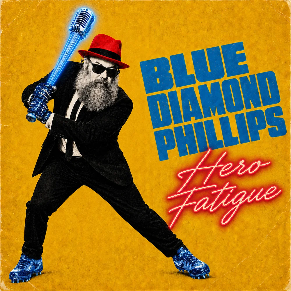 Album cover — Blue Diamond Phillips, Hero Fatigue. Blue in a red fedora swinging a giant chrome microphone, yellow background.