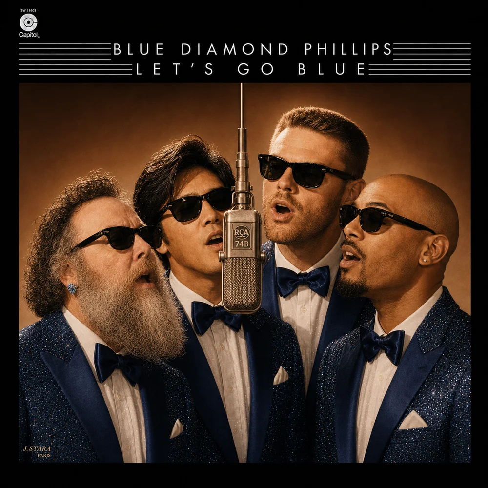 Album cover — Blue Diamond Phillips, Let's Go Blue. Four singers in matching blue sequin tuxedos around a vintage chrome microphone, vocal-group composition.