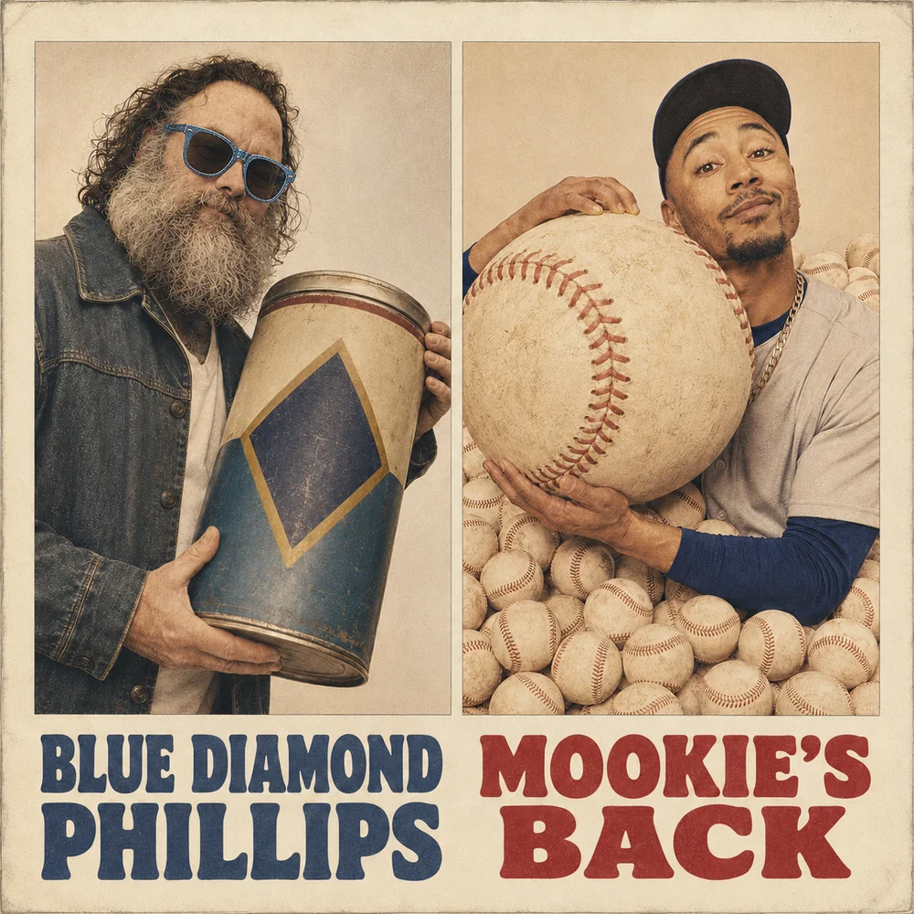 Album cover — Blue Diamond Phillips, Mookie's Back. Split panel: Blue Diamond Phillips holding a baseball drum on the left, Mookie holding a giant baseball atop a pile of baseballs on the right. Vintage baseball-card typography.