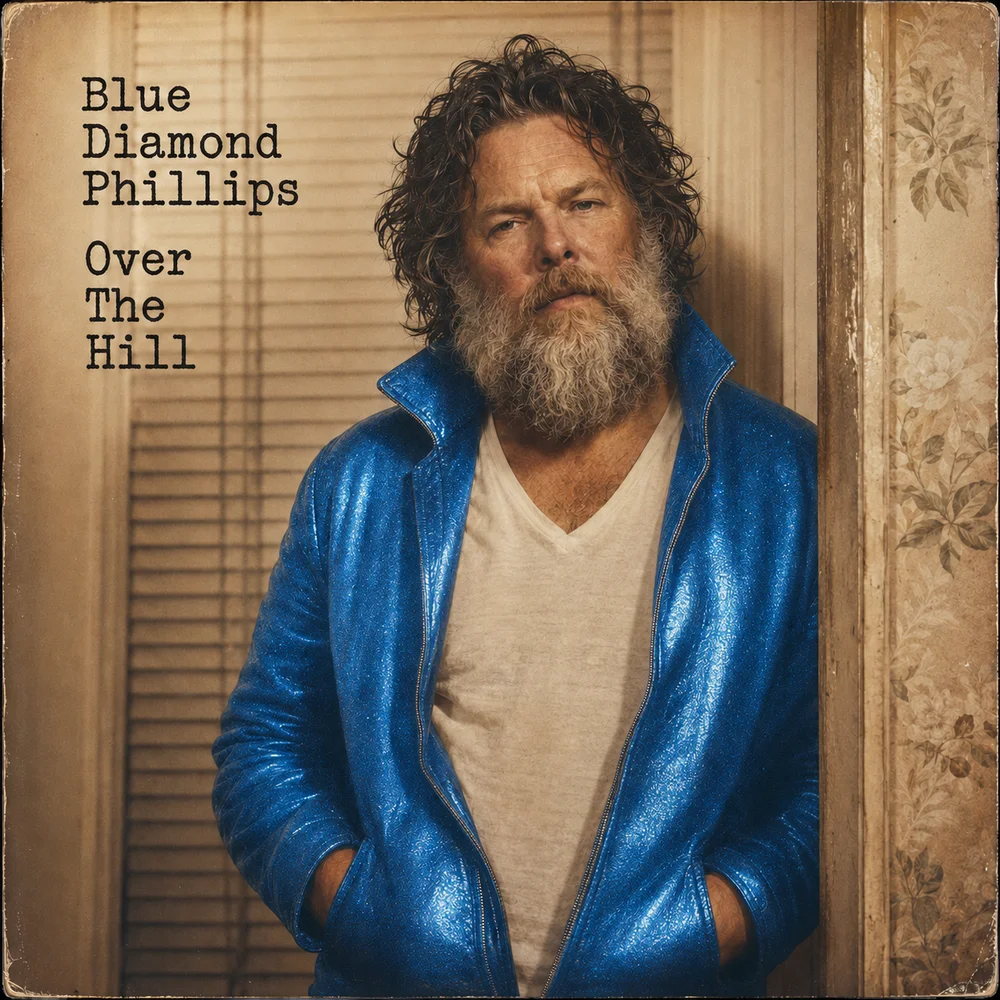Album cover — Blue Diamond Phillips, Over The Hill. Intimate sepia-washed portrait of Blue Diamond Phillips in a blue sequin jacket and white tee, standing against vintage venetian blinds and floral wallpaper. Typewriter-style typography on the left.