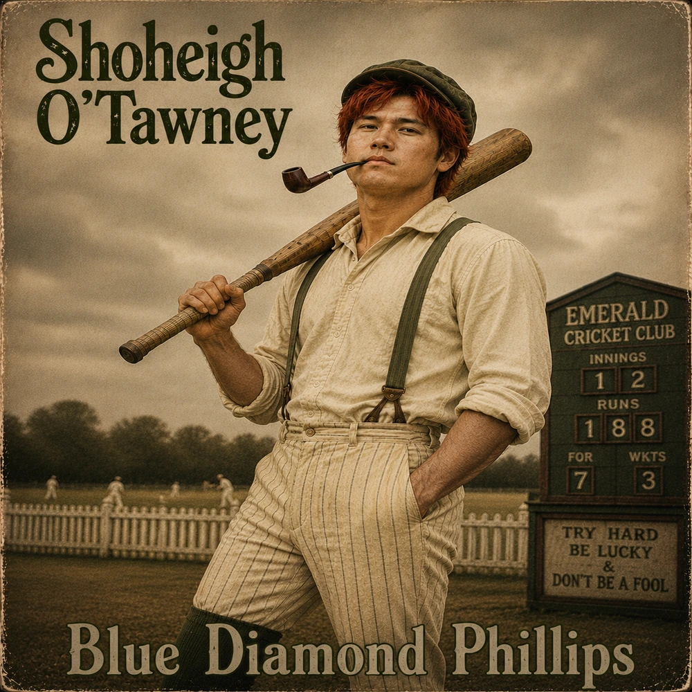 Album cover &mdash; Blue Diamond Phillips, Shoheigh O'Tawney. Sepia portrait of a young man in vintage cricket attire holding a bat over his shoulder, pipe in mouth, EMERALD CRICKET CLUB scoreboard behind him, TRY HARD / BE LUCKY / & DON'T BE A FOOL sign at the corner.