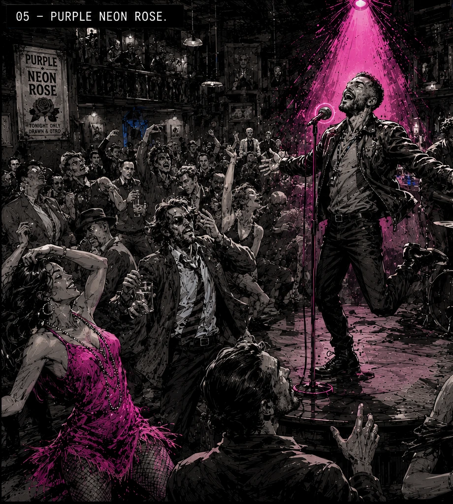 Storyboard image labeled 05 PURPLE NEON ROSE. The interior of the Bardo Grande saloon mid-ecstatic chorus — Blue at center stage under a magenta-pink halo spotlight, head thrown back mid-bridge. The 'PURPLE NEON ROSE' wall sign visible top-left. In the foreground crowd, Tangerine in a magenta dress dances among the song-personae of the Bardo. Black-and-white with cobalt and magenta-pink accents.
