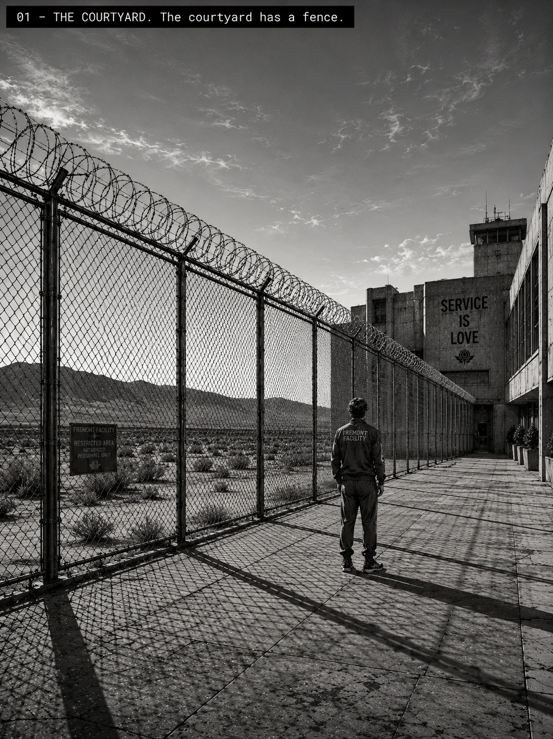 Full-spread storyboard image labeled 01 — THE COURTYARD. The courtyard has a fence. A wide composition of the Fremont courtyard at dusk — chain-link fence with razor wire running diagonally across the frame, California desert and mountains beyond, a single Client in athleisure standing alone inside the fence, the SERVICE IS LOVE sign on the facility wall in the middle distance. Pure black-and-white, no color.
