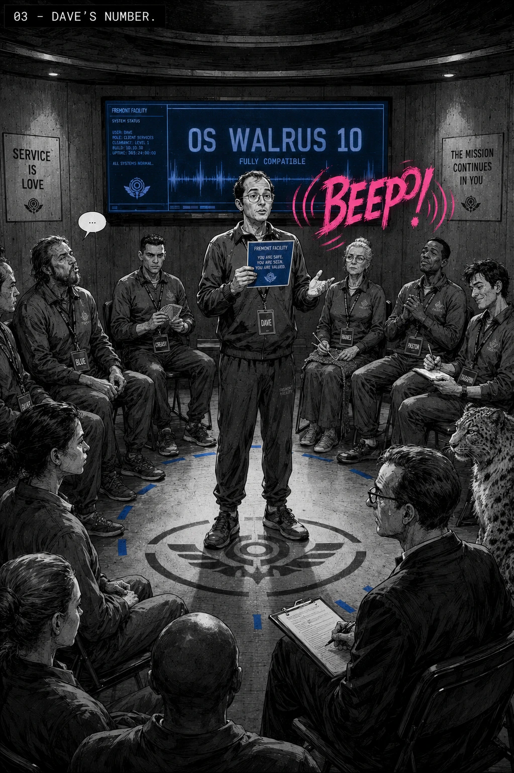Full-spread storyboard image labeled 03 DAVE'S NUMBER. Dave dead center in his Fremont lanyard, mid-orientation, holding a laminated FREMONT FACILITY info card. The ward arranged in a circle around him on a floor inset with a Fremont Facility logo. Behind him, the OS WALRUS 10 / FULLY COMPATIBLE cobalt-blue display with waveform. A hot magenta-pink BEEP! comic sound effect floating in the air to his right. SERVICE IS LOVE on the left wall, THE MISSION CONTINUES IN YOU on the right. Blue in the audience making the beep tone himself, Bryce the therapist in the foreground with a clipboard.