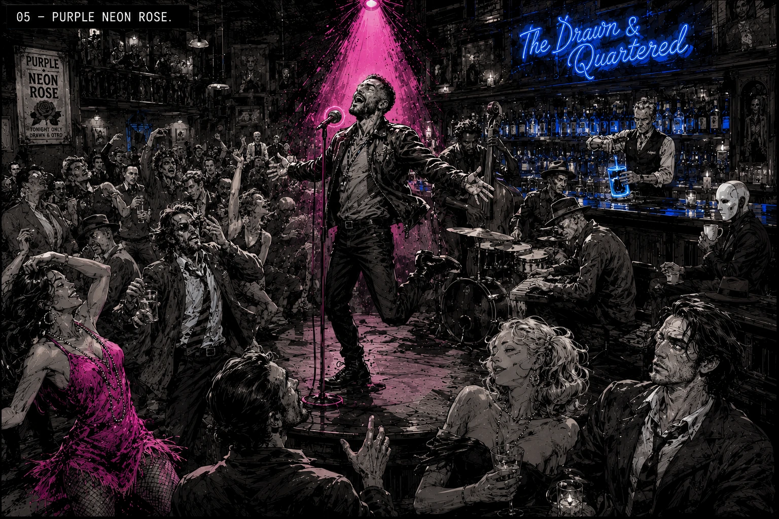 Full-spread storyboard image labeled 05 — PURPLE NEON ROSE. The interior of The Drawn & Quartered Saloon in Bardo Grande mid-ecstatic chorus. Blue at a microphone center stage, head thrown back under a magenta-pink halo, fully open. Forty-some Bardo residents mid-dance around him, no two figures making the same gesture. Cobalt-blue neon script above the bar reads The Drawn & Quartered. Dagoberto behind the bar pouring a blue glass without a bottom. Tangerine in pink, Howard Beale in a frayed suit, the white-masked figure at the bar with coffee.