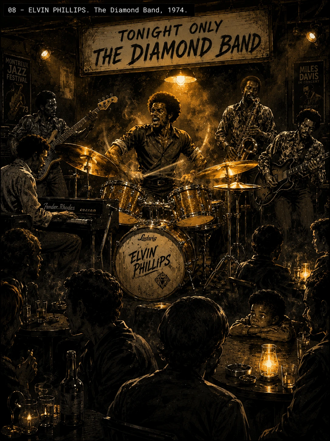Full-spread storyboard image labeled 08 — ELVIN PHILLIPS. The Diamond Band, 1974. Elvin behind a five-piece drum kit at a small West Coast jazz club, mid-fusion solo, sweat, drumsticks blurred. A sign above the stage reads TONIGHT ONLY / THE DIAMOND BAND. Band members on either side. In the foreground at a candle-lit table, young Lonnie at eight years old, head on his arms, watching his father. Pure black-and-white with gold-amber stage light. The only sacred place in the film.