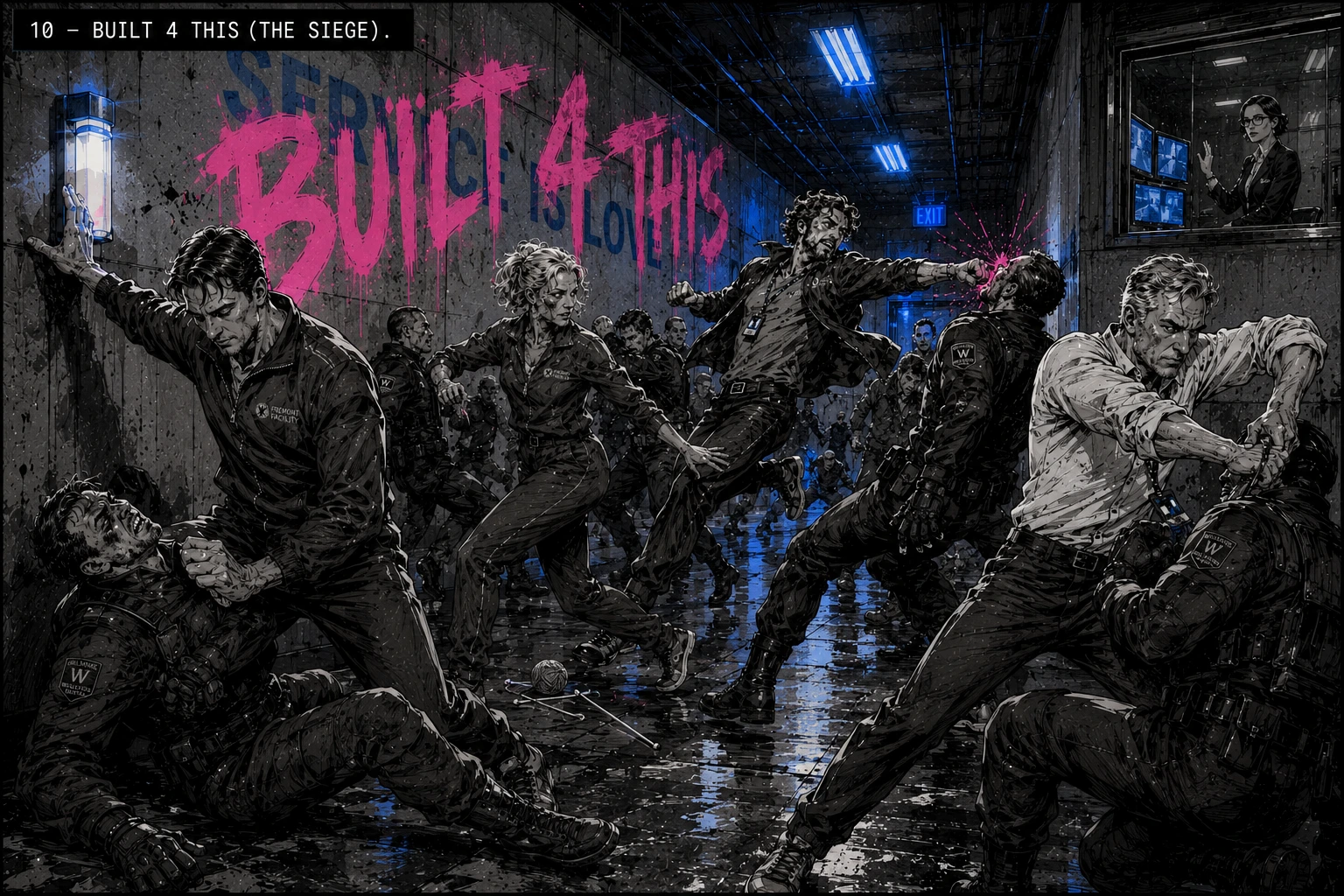 Full-spread storyboard image labeled 10 — BUILT 4 THIS (THE SIEGE). The main Fremont corridor mid-siege, twelve figures arranged like a chorus line that has decided to kill. Creasy mid-geometric takedown, Raines mid-step, Gus mid-pirouette through the choreography, Harvey defending the ward old-fashioned, the Snow Leopard walking through. On the wall behind them, dripping magenta-pink graffiti reads BUILT 4 THIS, beneath which the partially-obscured cobalt SERVICE IS LOVE typography is still visible. Patricia in a small analog screen room upper-right.