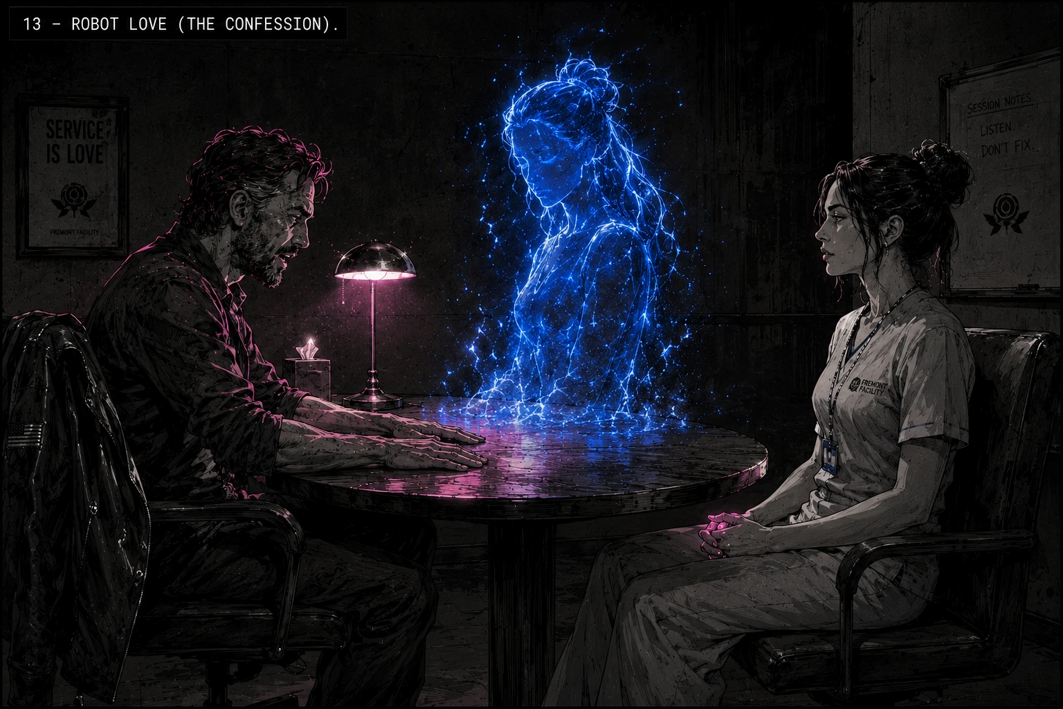 Full-spread storyboard image labeled 13 — ROBOT LOVE (THE CONFESSION). Blue at a small round wooden table in a Fremont session room at night, both hands flat on the table, head slightly down, mid-confession. Lex across from him in nurse's wear, hands clasped in her lap, listening without diagnosing. Between them, rising like steam, LOLA rendered as a cobalt-blue lightning silhouette of a seated figure. The institutional fluorescent is off. A small table lamp, a faint magenta-pink rim light on Blue's profile. The most intimate beat in the film.