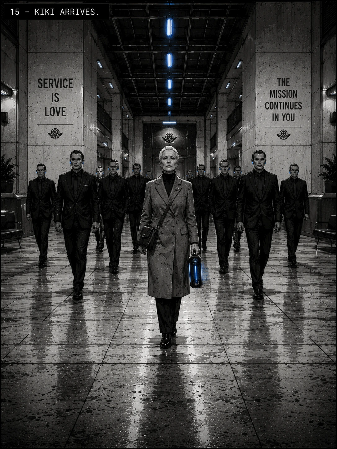 Full-spread storyboard image labeled 15 — KIKI ARRIVES. The main Fremont Facility lobby corridor, symmetrical wide perspective, the vanishing point dead center. Kiki in the foreground walking toward the camera — late sixties, blonde hair pulled back, grey coat, leather satchel, slim cobalt-glowing portable speaker in her right hand. Behind her, twelve private contractors in identical dark suits with cobalt earpieces, moving in formation that matches the architecture. Walls flanking her read SERVICE IS LOVE on the left and THE MISSION CONTINUES IN YOU on the right.