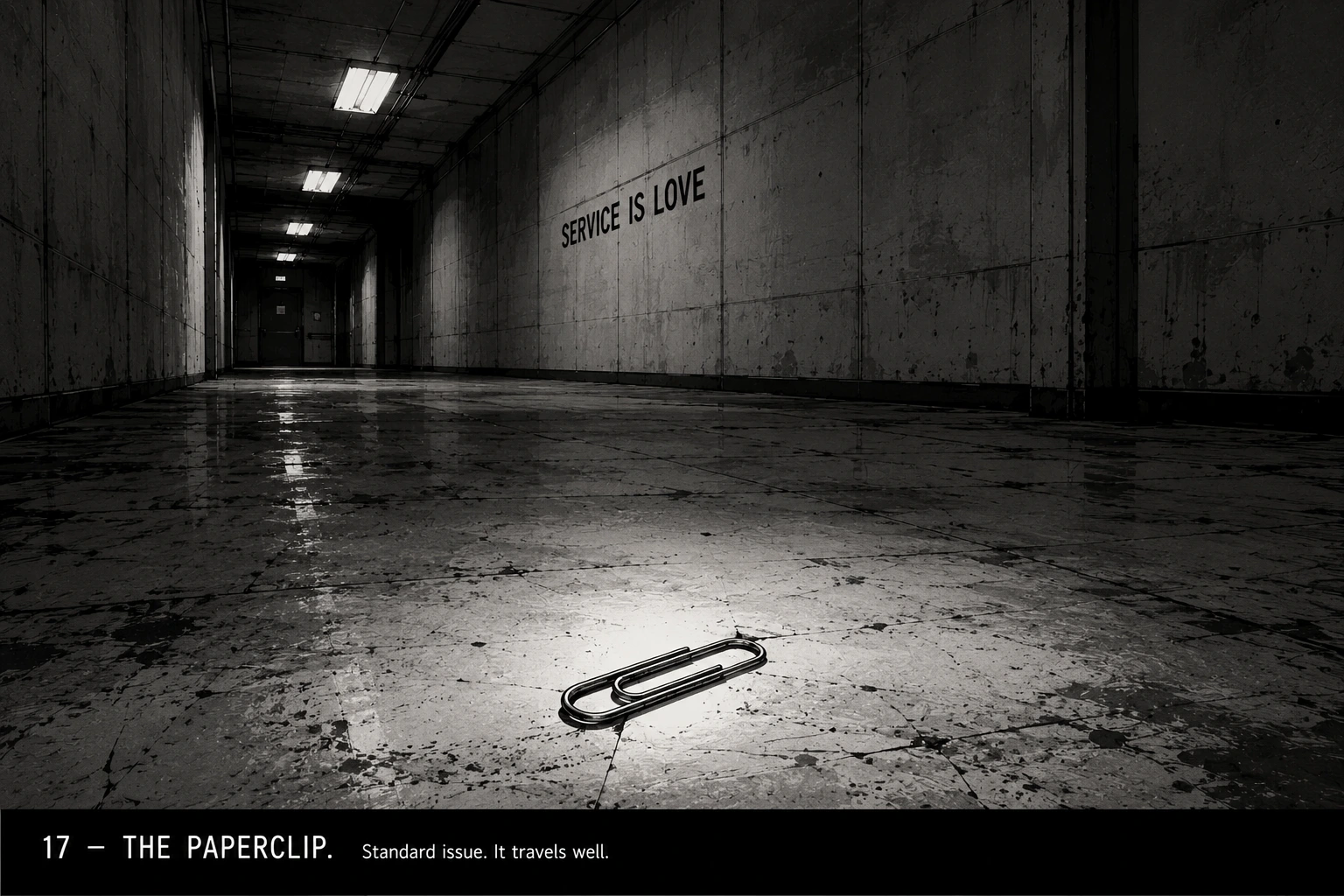 Full-spread storyboard image labeled 17 — THE PAPERCLIP. Standard issue. It travels well. A long corporate sub-basement corridor, low camera at floor level. Stained concrete. Fluorescent ceiling lights cast long shadows. Dead center of the foreground floor, a single bent steel paperclip lit by a single overhead fluorescent. The corridor is empty. On the wall in the middle distance, the sign SERVICE IS LOVE. Pure black-and-white, no motion, no figures, no sound effects. The held breath after the climax.