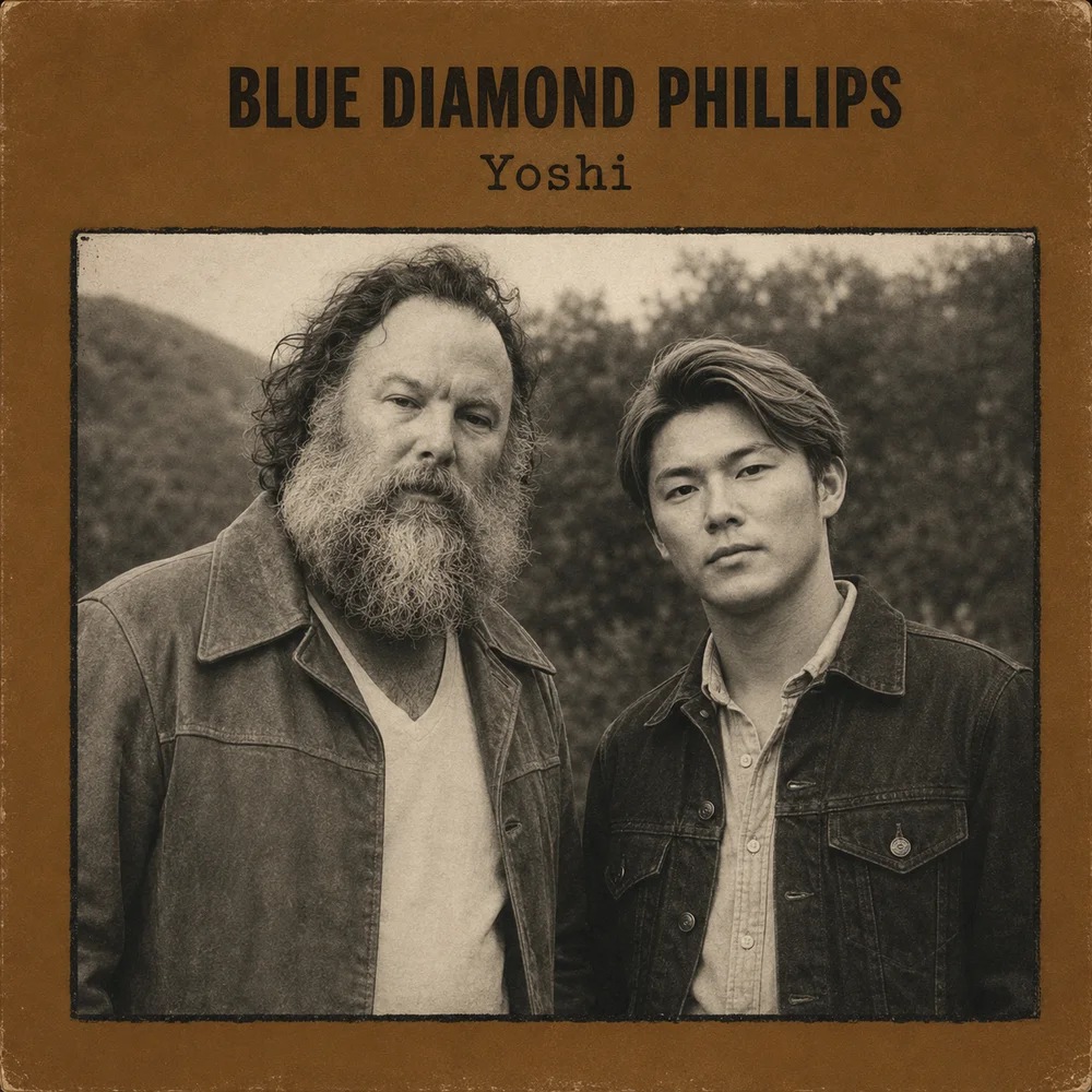 Album cover — Blue Diamond Phillips, Yoshi. Sepia outdoor portrait of Blue and Yoshi in denim, folk-duo composition.